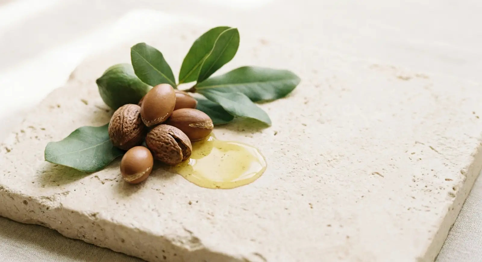 Argan nuts and macadamia leaves beside a pool of golden oil on pale stone
