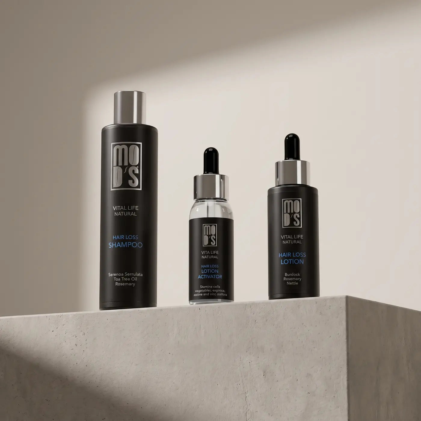 MOD'S Vital Life Natural: Hair Loss Shampoo, Lotion Activator and Hair Loss Lotion in matte black bottles